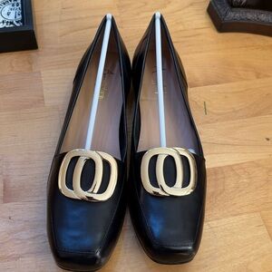 Amaztep Women’s Leather Ballet Flats Square Toe Black Gold Buckle Shoes Sz 11M